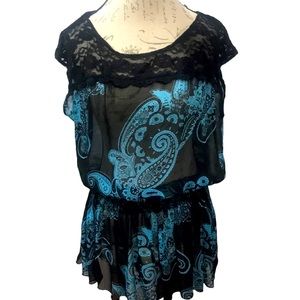 Studio Y Black Lace Sheer Mesh Blue Paisley Tunic Top Size M